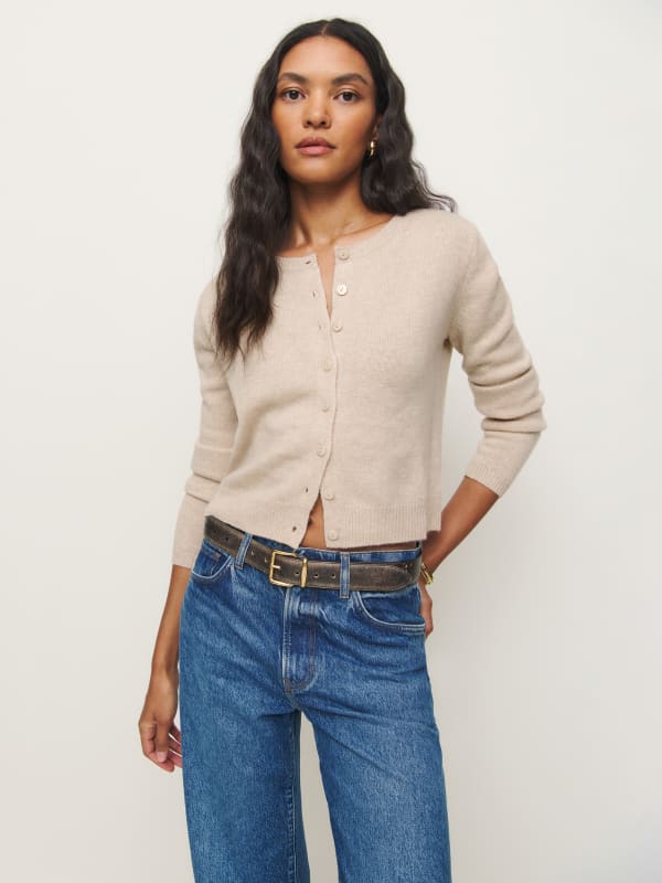 Clara Cashmere Crew Cardigan - Wheat